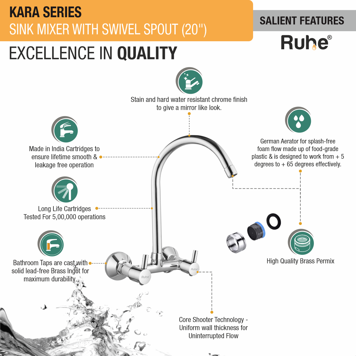 Kara Sink Mixer with Large (20 inches) Round Swivel Spout Faucet features