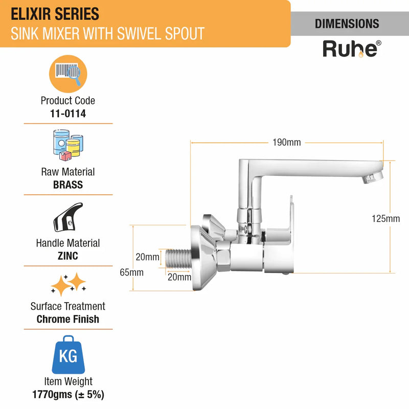 Elixir Wall Mount Kitchen Sink Mixer Tap with Swivel Spout