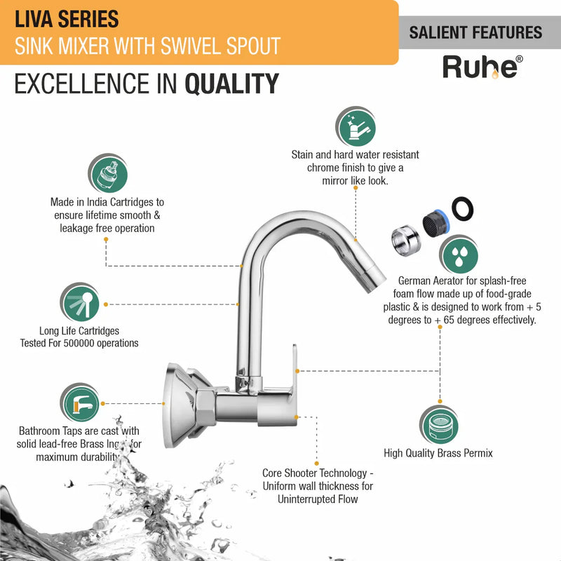 Liva Wall Mount Kitchen Sink Mixer Tap with Swivel Spout