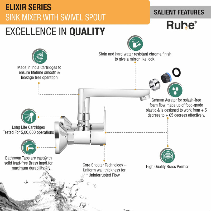 Elixir Wall Mount Kitchen Sink Mixer Tap with Swivel Spout
