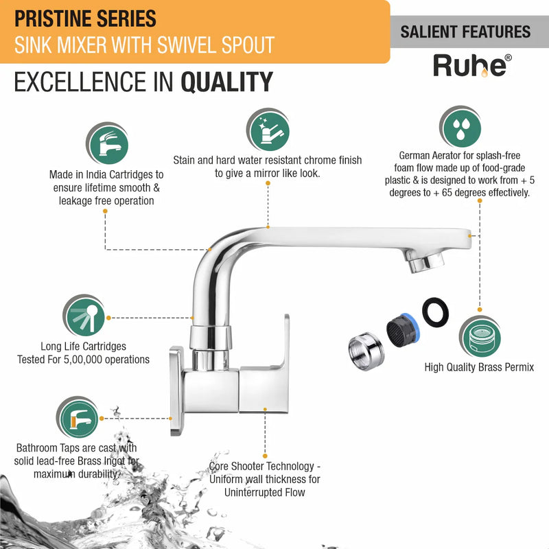 Pristine Wall Mount Kitchen Sink Mixer Tap with Swivel Spout
