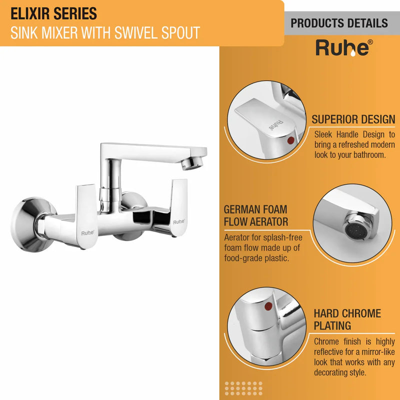 Elixir Wall Mount Kitchen Sink Mixer Tap with Swivel Spout