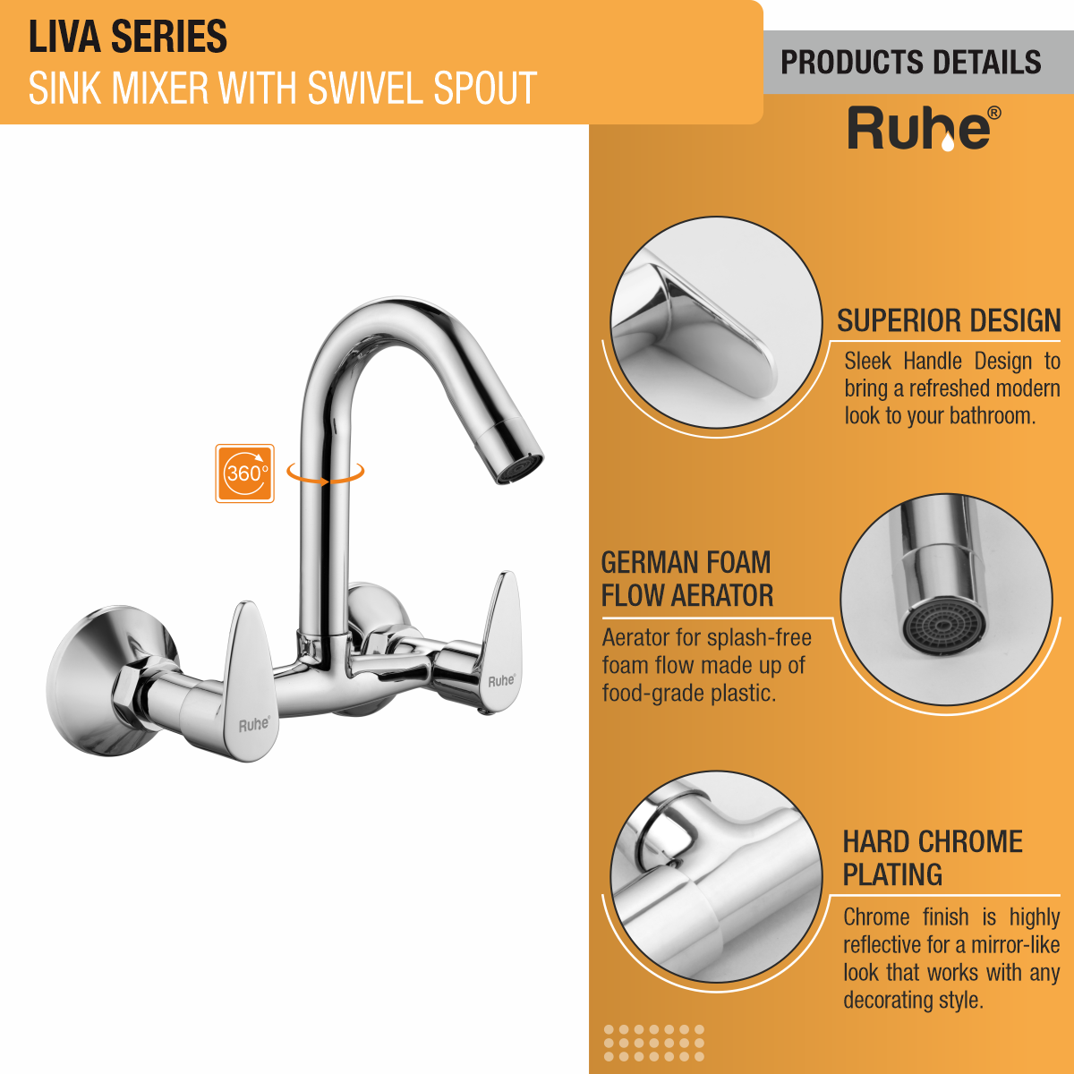 Liva Sink Mixer with Small (12 inches) Round Swivel Spout Faucet product details