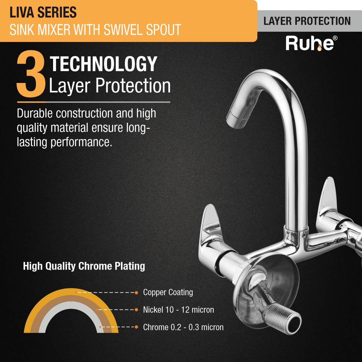 Liva Sink Mixer with Small (12 inches) Round Swivel Spout Faucet 3 layer protection