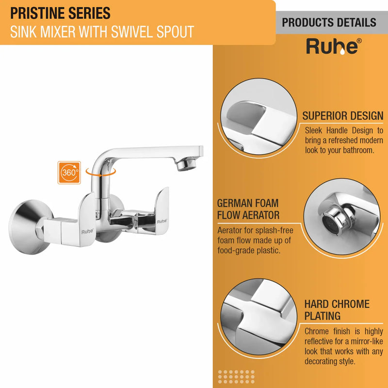 Pristine Wall Mount Kitchen Sink Mixer Tap with Swivel Spout