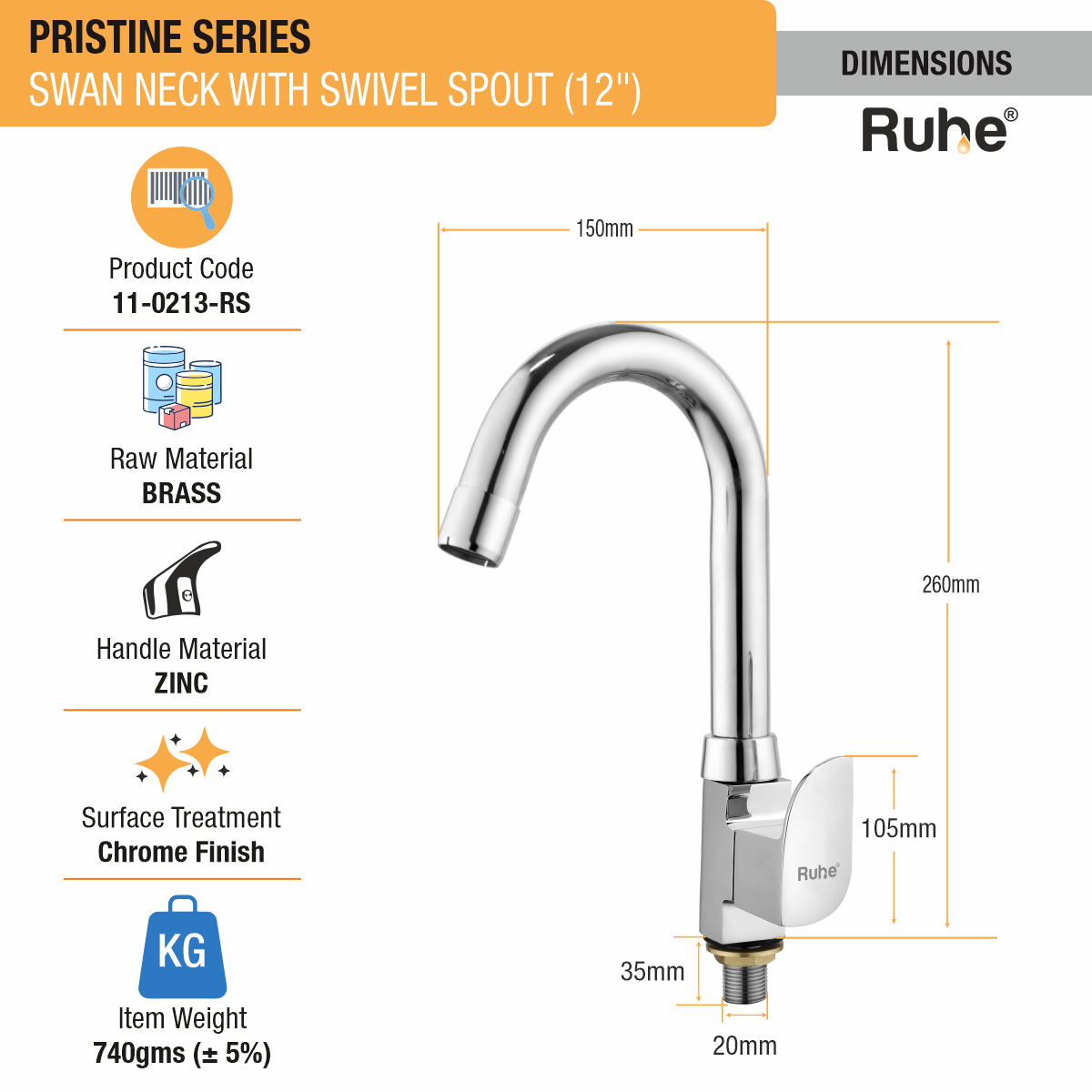Pristine Swan Neck with Small (12 inches) Round Swivel Spout Brass Faucet dimensions and size
