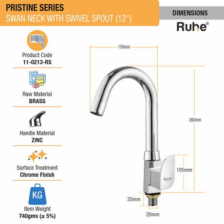 Pristine Swan Neck with Small (12 inches) Round Swivel Spout Brass Faucet dimensions and size