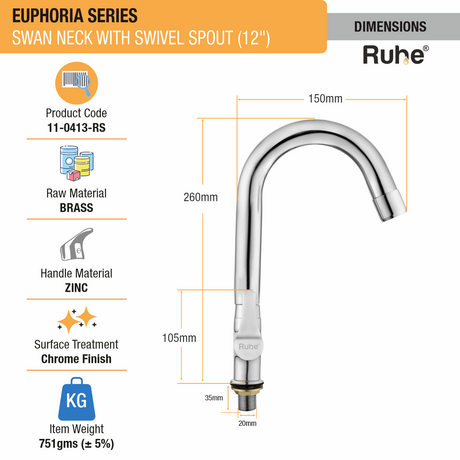 Euphoria Swan Neck with Small (12 inches) Round Swivel Spout Faucet dimensions and size