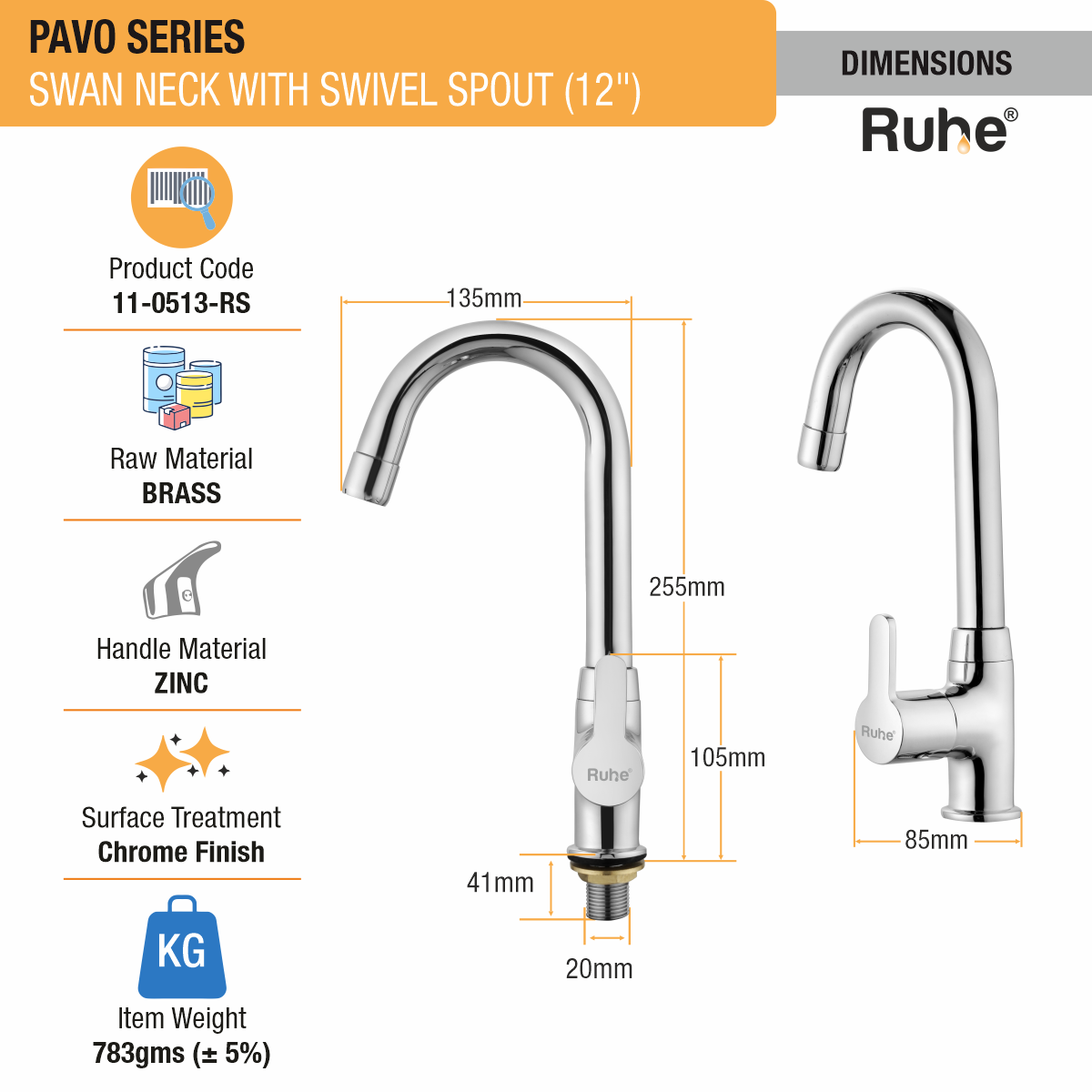 Pavo Swan Neck with Small (12 inches) Round Swivel Spout Brass Faucet dimensions and size