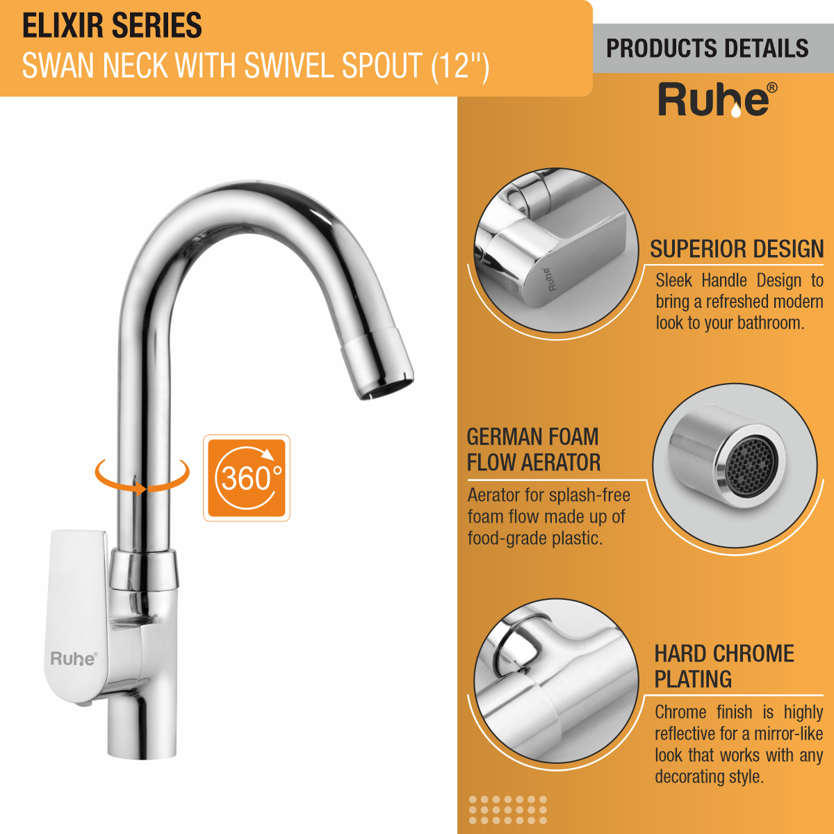 Elixir Swan Neck with Small (12 inches) Round Swivel Spout Faucet product details