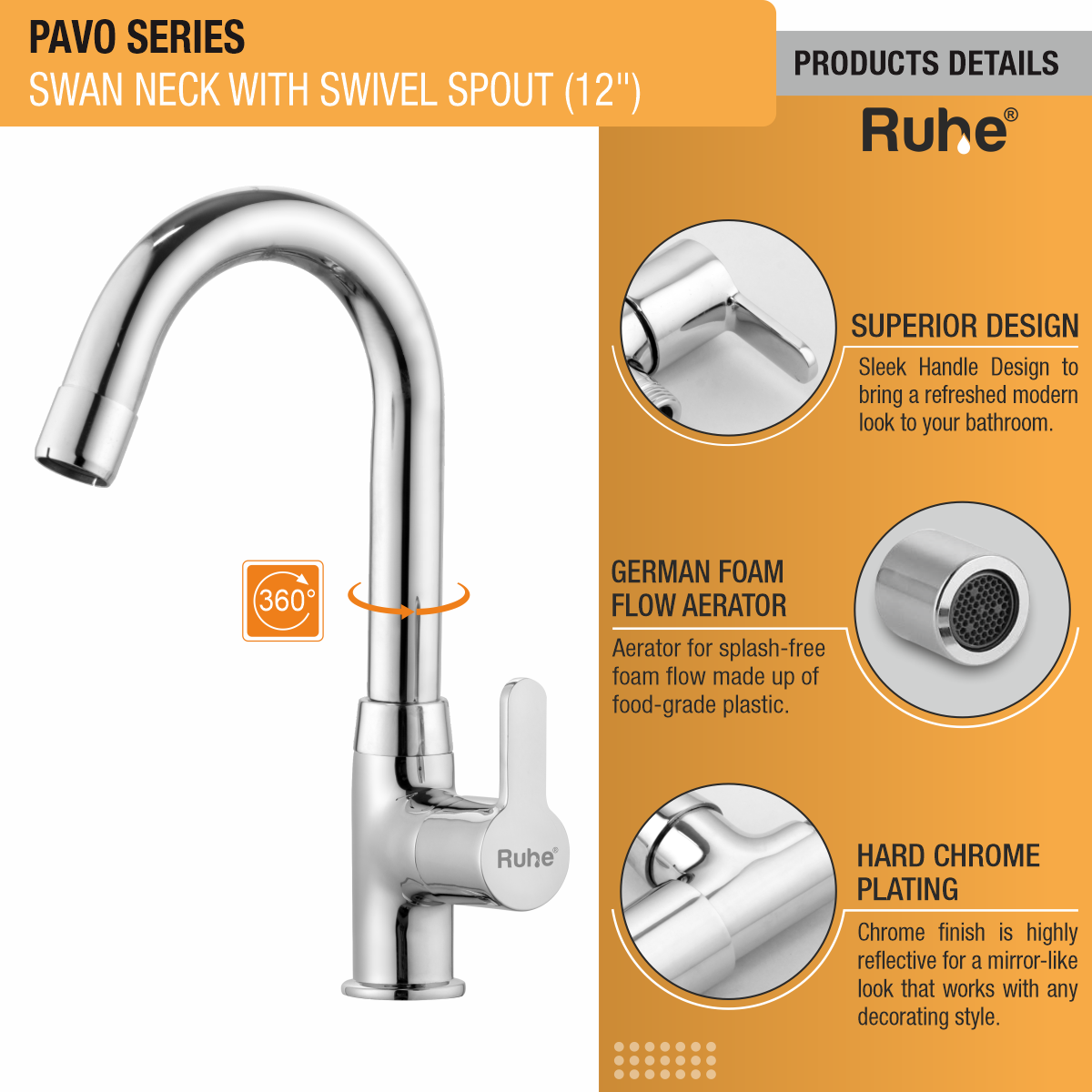 Pavo Swan Neck with Small (12 inches) Round Swivel Spout Brass Faucet product details