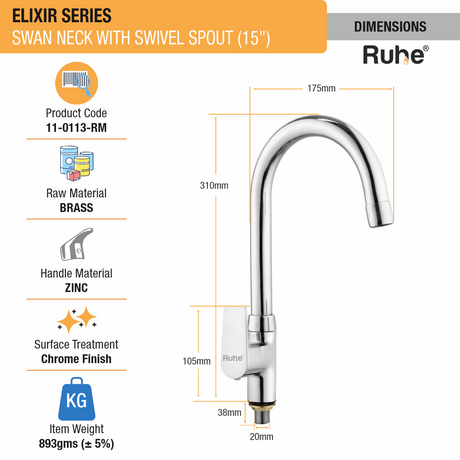 Elixir Swan Neck with Medium (15 inches) Round Swivel Spout Faucet dimensions and size