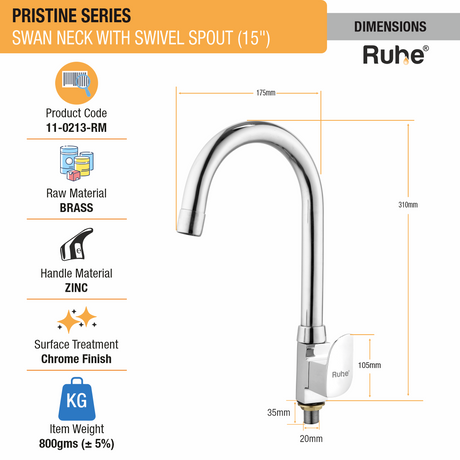 Pristine Swan Neck with Medium (15 inches) Round Swivel Spout Brass Faucet dimensions and size