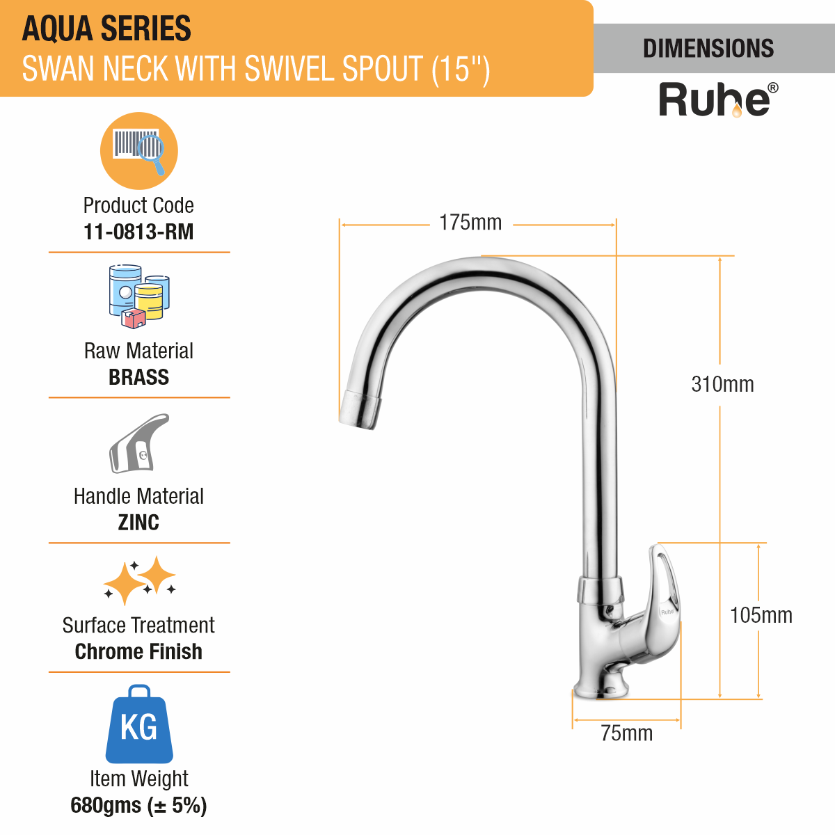 Aqua Swan Neck with Medium (15 inches) Round Swivel Spout Faucet dimensions and size
