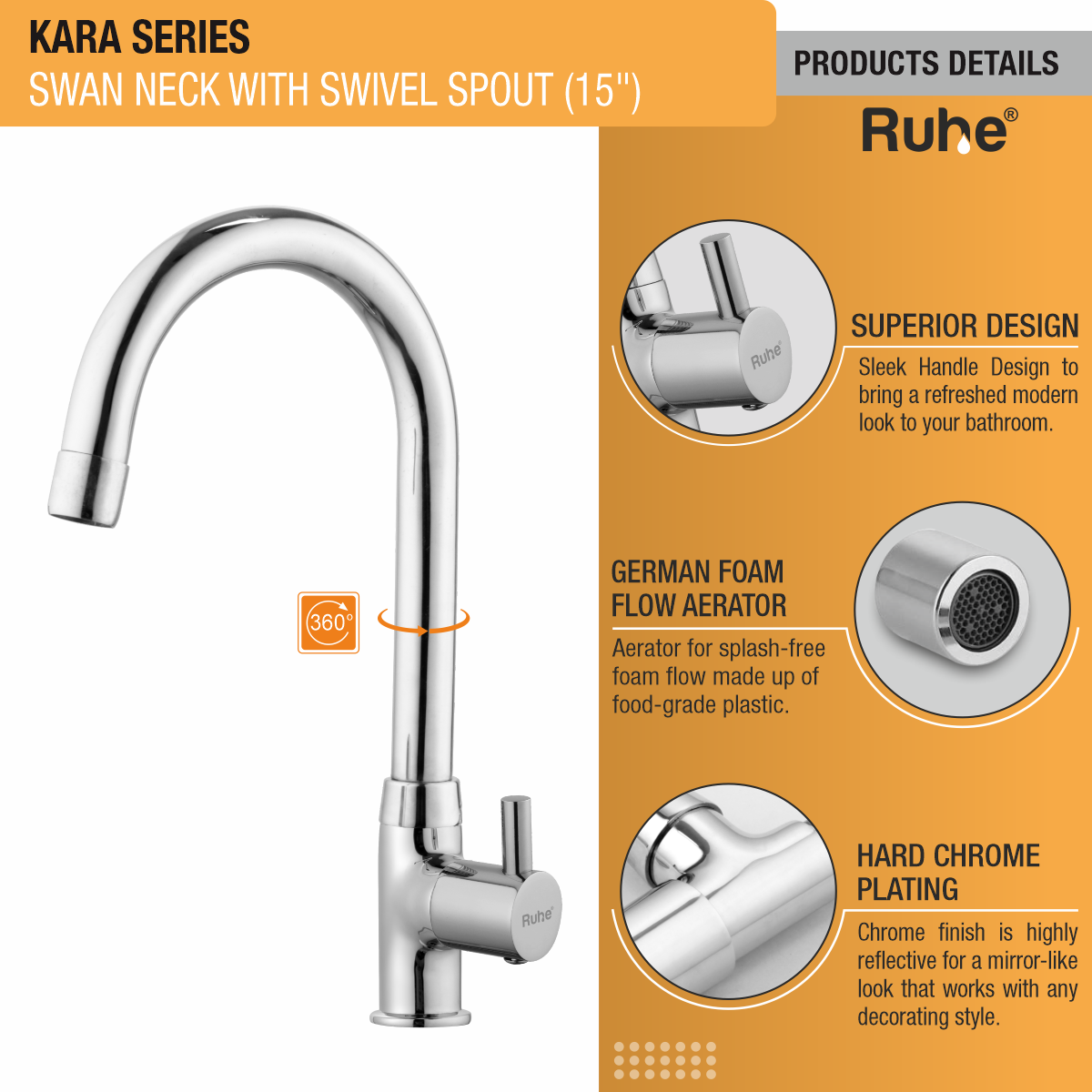 Kara Swan Neck with Medium (15 inches) Round Swivel Spout Brass Faucet product details