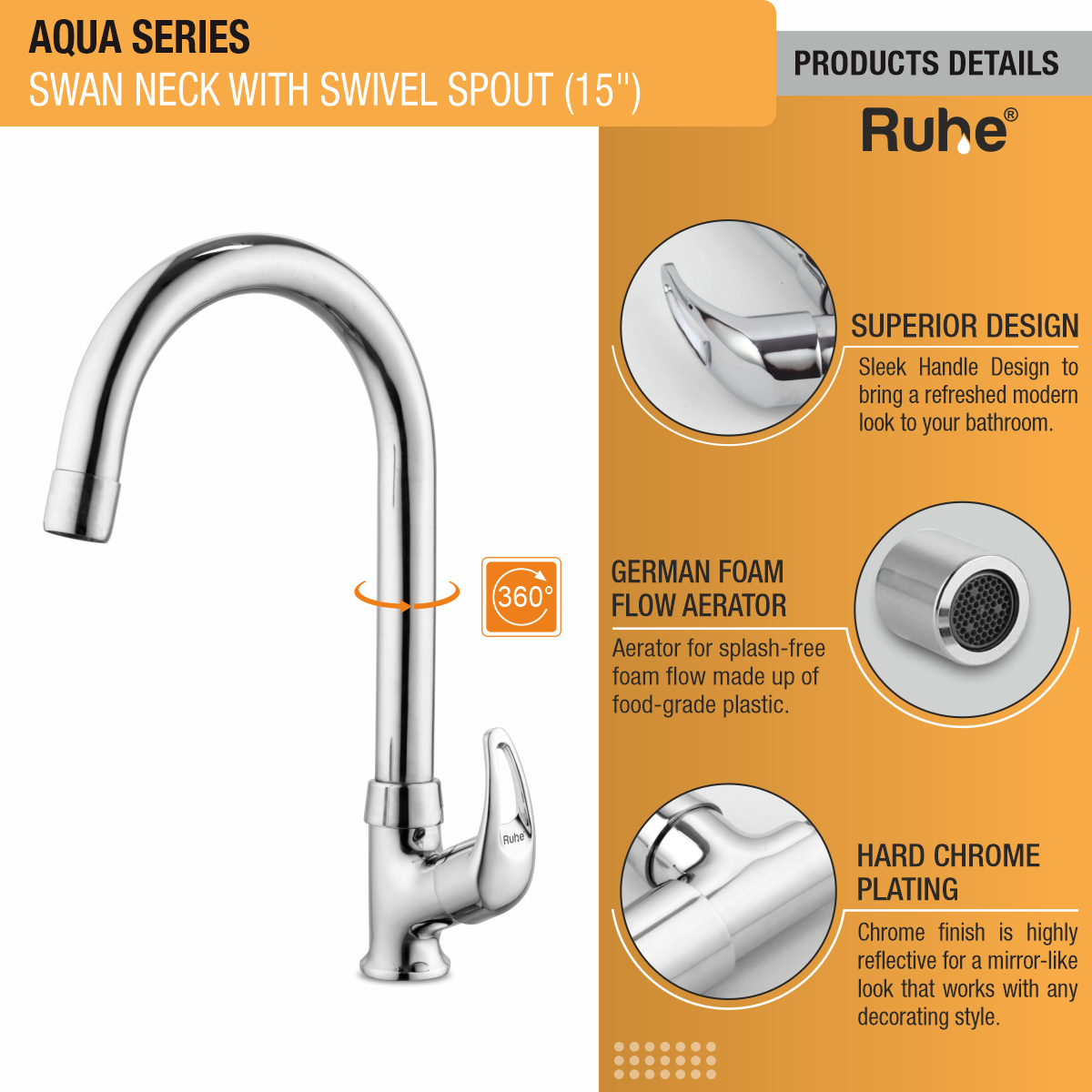 Aqua Swan Neck with Medium (15 inches) Round Swivel Spout Faucet product details