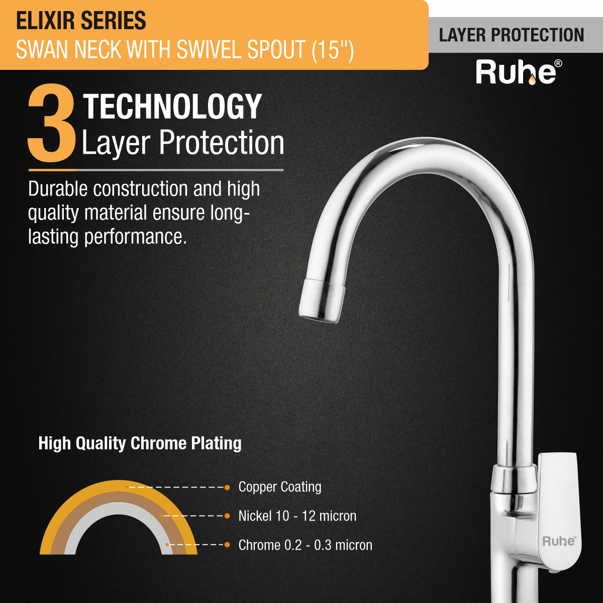 Elixir Swan Neck with Medium (15 inches) Round Swivel Spout Faucet 3 layer protection