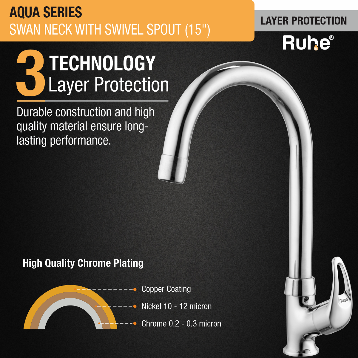 Aqua Swan Neck with Medium (15 inches) Round Swivel Spout Faucet 3 layer protection