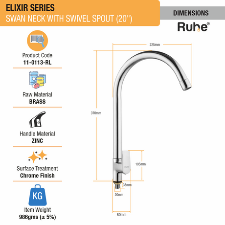 Elixir Swan Neck with Large (20 inches) Round Swivel Spout Faucet dimensions and size
