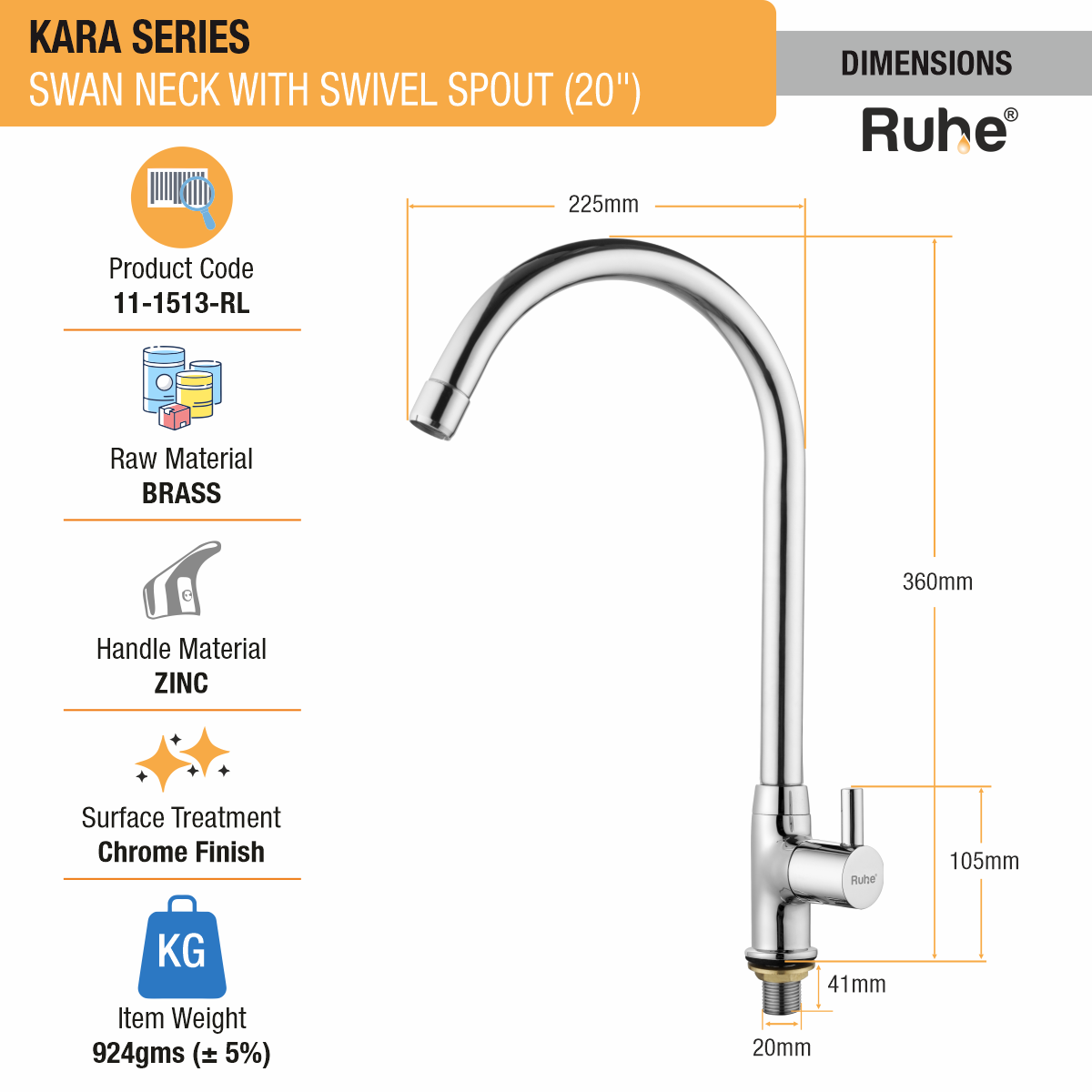 Kara Swan Neck with Large (20 inches) Round Swivel Spout Faucet dimensions and size