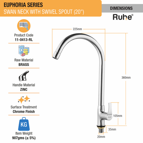 Euphoria Swan Neck with Large (20 inches) Round Swivel Spout Faucet dimensions and size