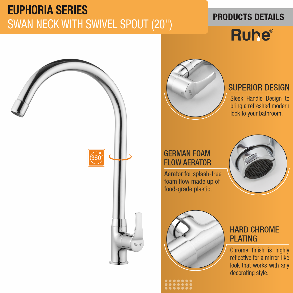 Euphoria Swan Neck with Large (20 inches) Round Swivel Spout Faucet product details