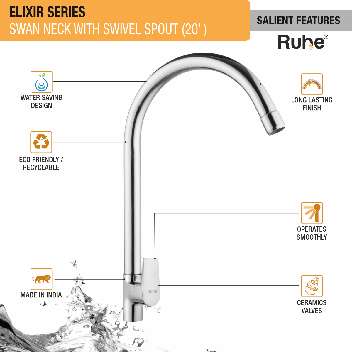 Elixir Swan Neck with Large (20 inches) Round Swivel Spout Faucet features