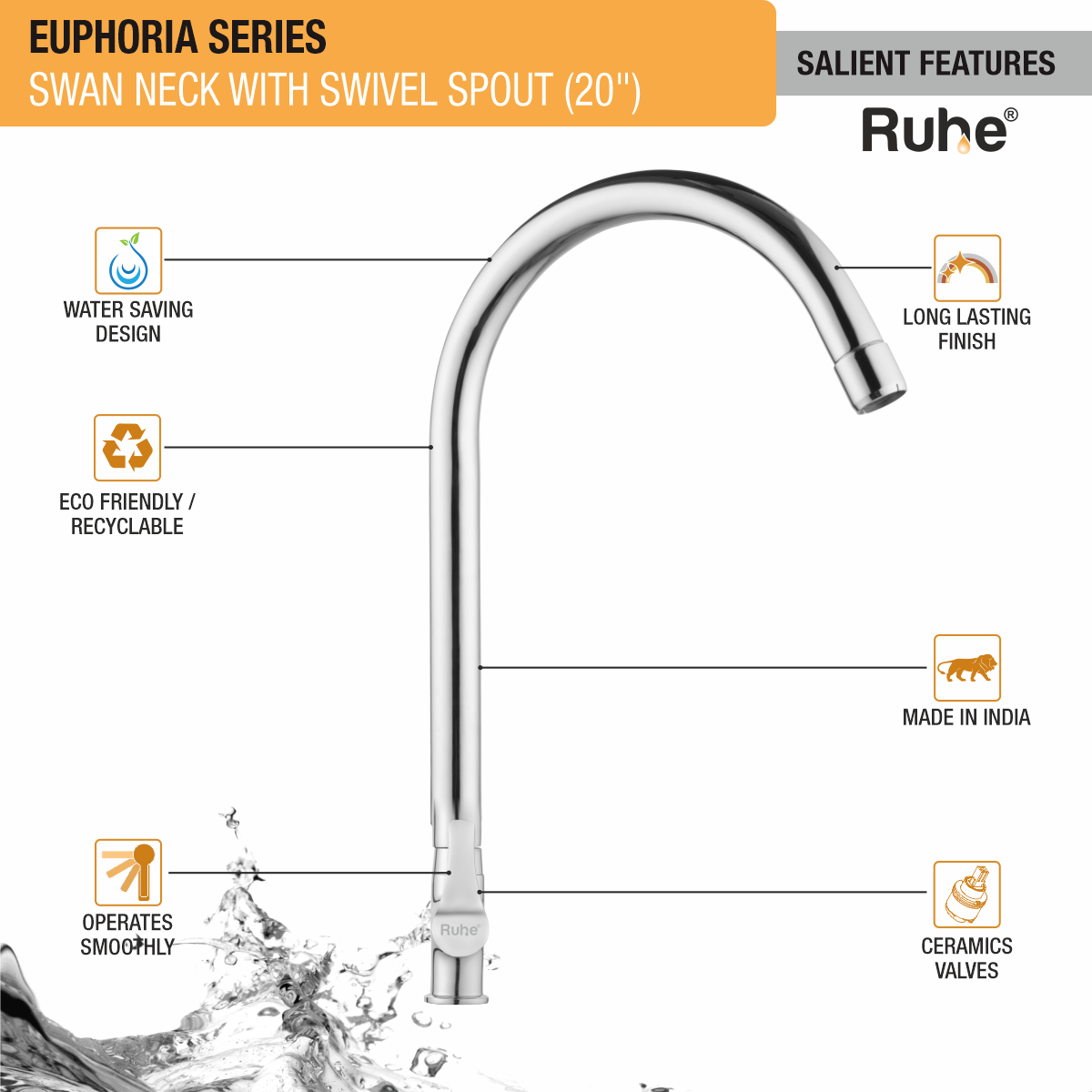 Euphoria Swan Neck with Large (20 inches) Round Swivel Spout Faucet features