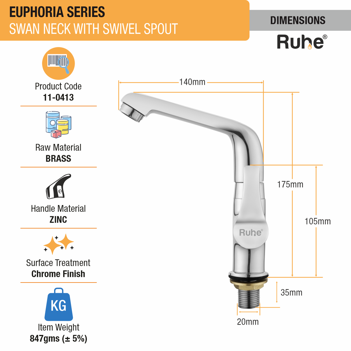 Euphoria Swan Neck With Swivel Spout Faucet dimensions and size