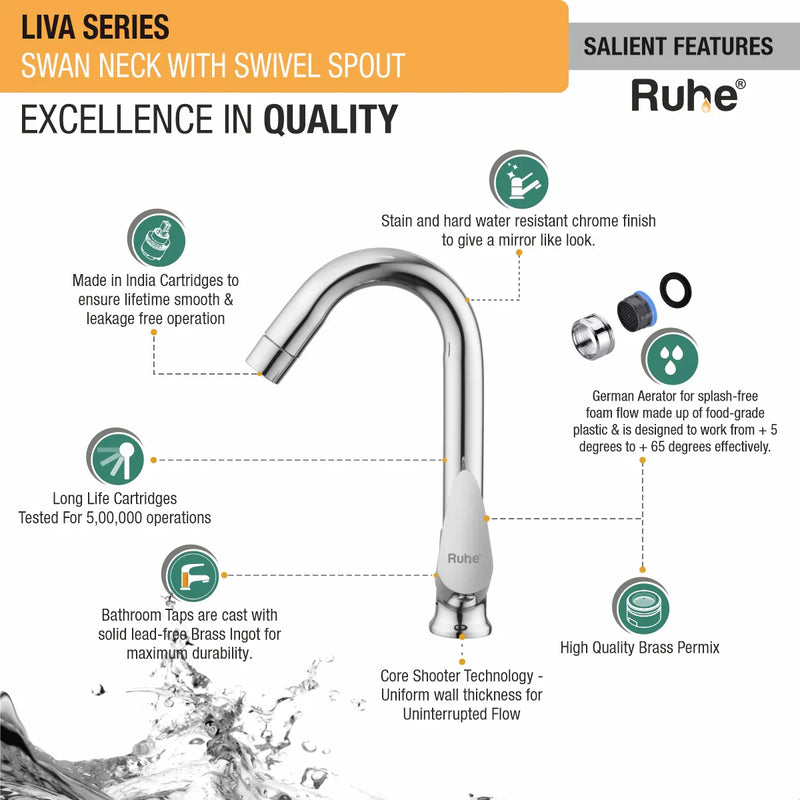 Liva Swan Neck with Medium (12 inches) Round Swivel Spout Brass