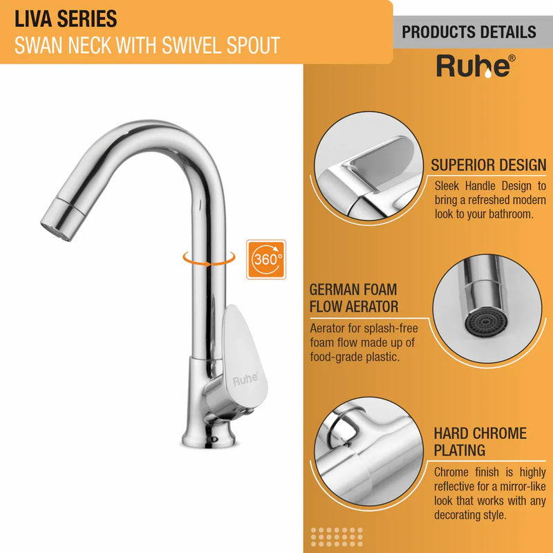 Liva Swan Neck with Medium (12 inches) Round Swivel Spout Brass