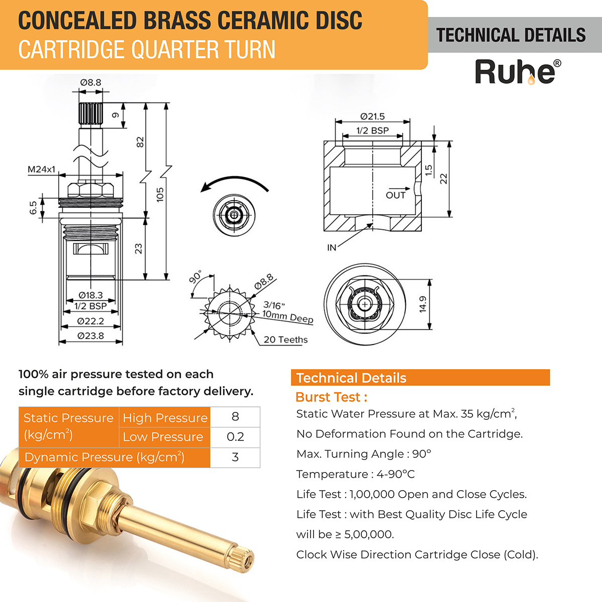 Concealed Brass Ceramic Disc Cartridge (Quarter-Turn) (Pack of 4) - by Ruhe®