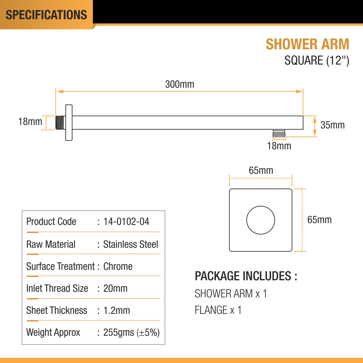 Square Shower Arm (12 Inches) with Flange - by Ruhe