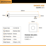 Square Shower Arm (12 Inches) with Flange dimensions and sizes