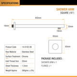 Square Shower Arm (18 Inches) with Flange dimensions and sizes