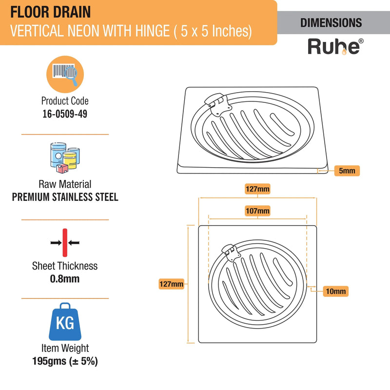 Vertical Neon Square Floor Drain (5 x 5 Inches) with Hinge - by Ruhe