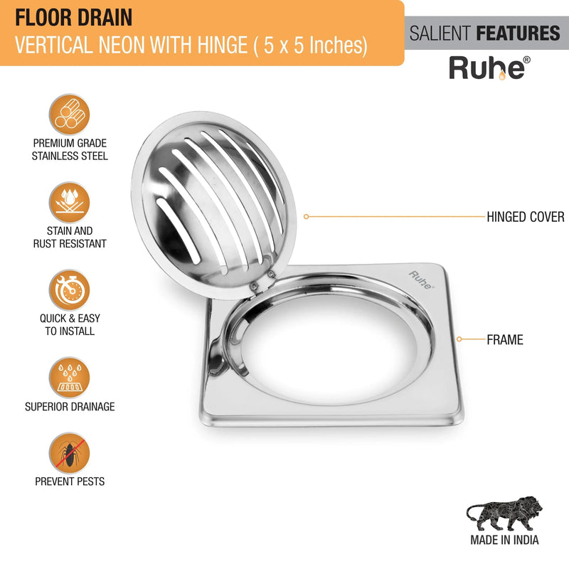 Vertical Neon Square Floor Drain (5 x 5 Inches) with Hinge - by Ruhe