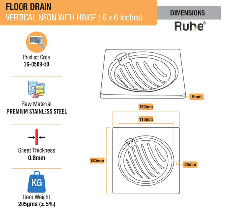 Vertical Neon Square Floor Drain (6 x 6 inches) with Hinged Grating Top sizes