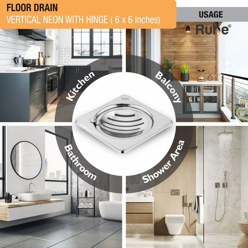Vertical Neon Square Floor Drain (6 x 6 inches) with Hinged Grating Top- by Ruhe
