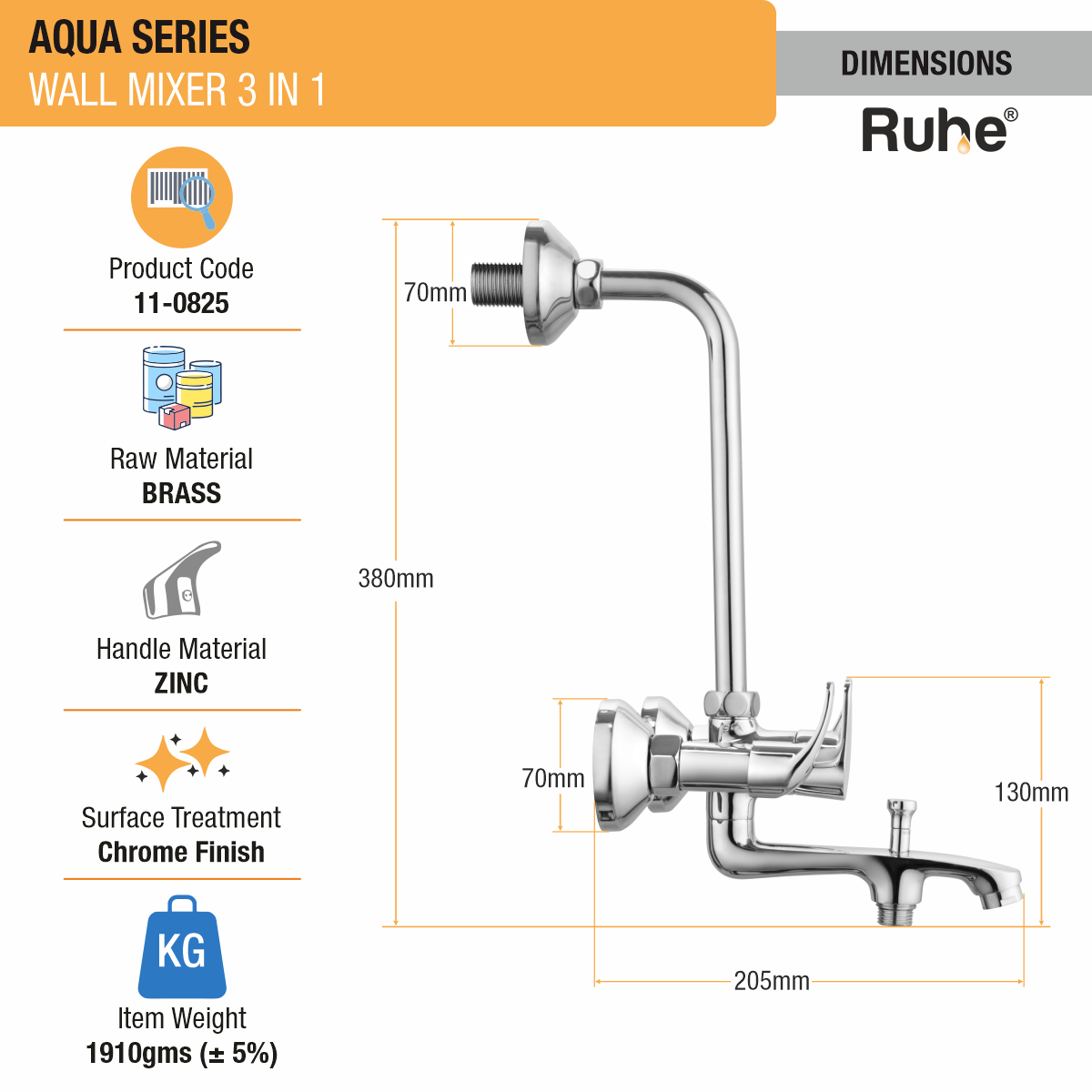 Aqua Wall Mixer 3-in-1 Brass Faucet dimensions and size