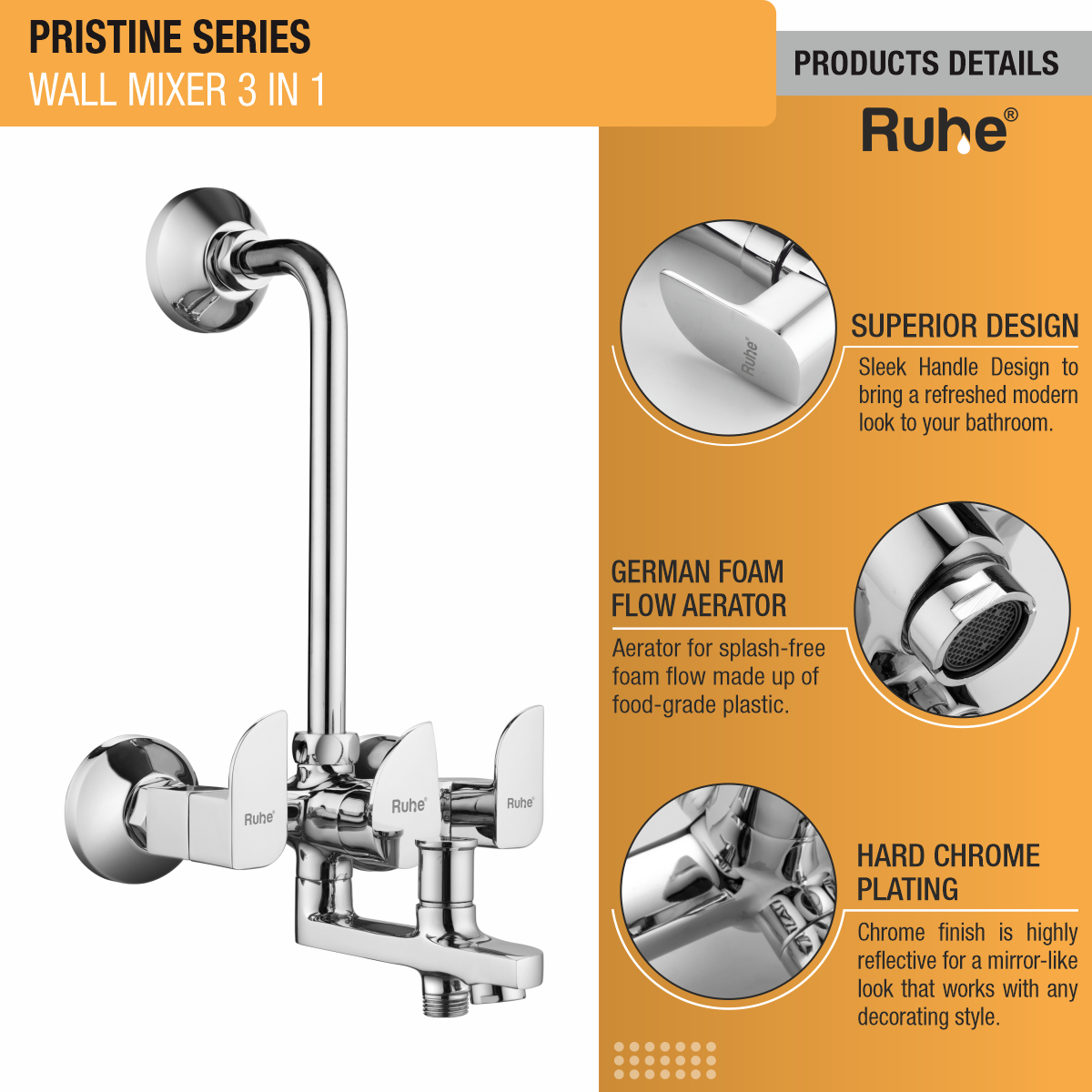 Pristine Wall Mixer 3-in-1 Brass Faucet product details