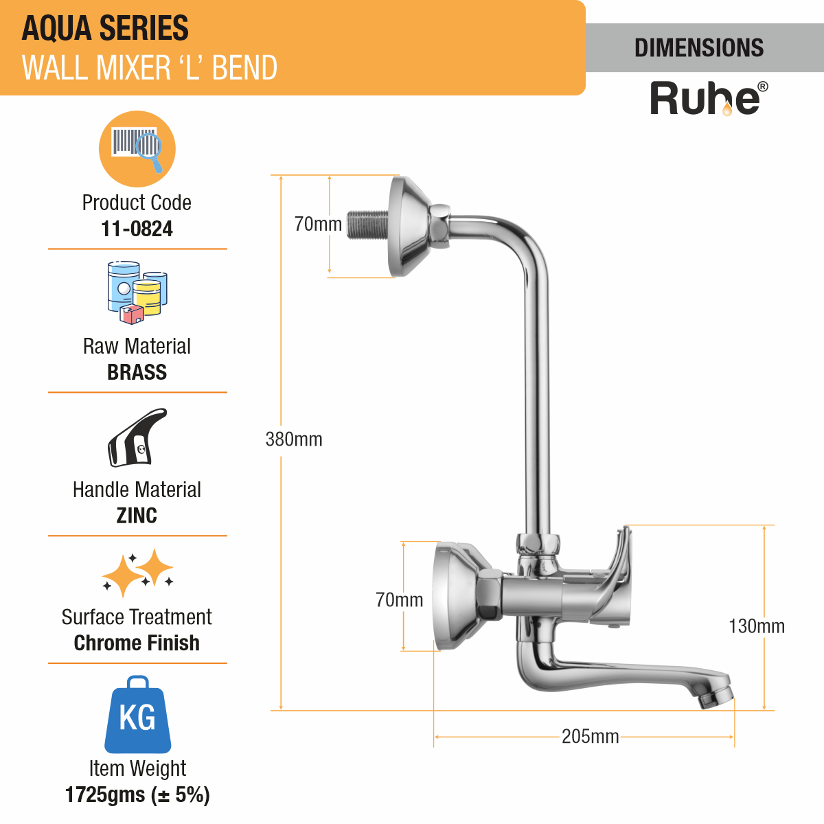 Aqua Wall Mixer Tap with L Bend Pipe - by Ruhe®