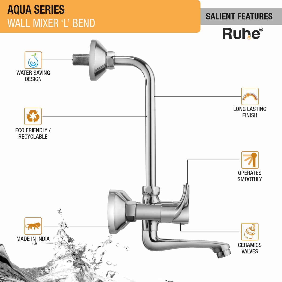 Aqua Wall Mixer Tap with L Bend Pipe - by Ruhe®