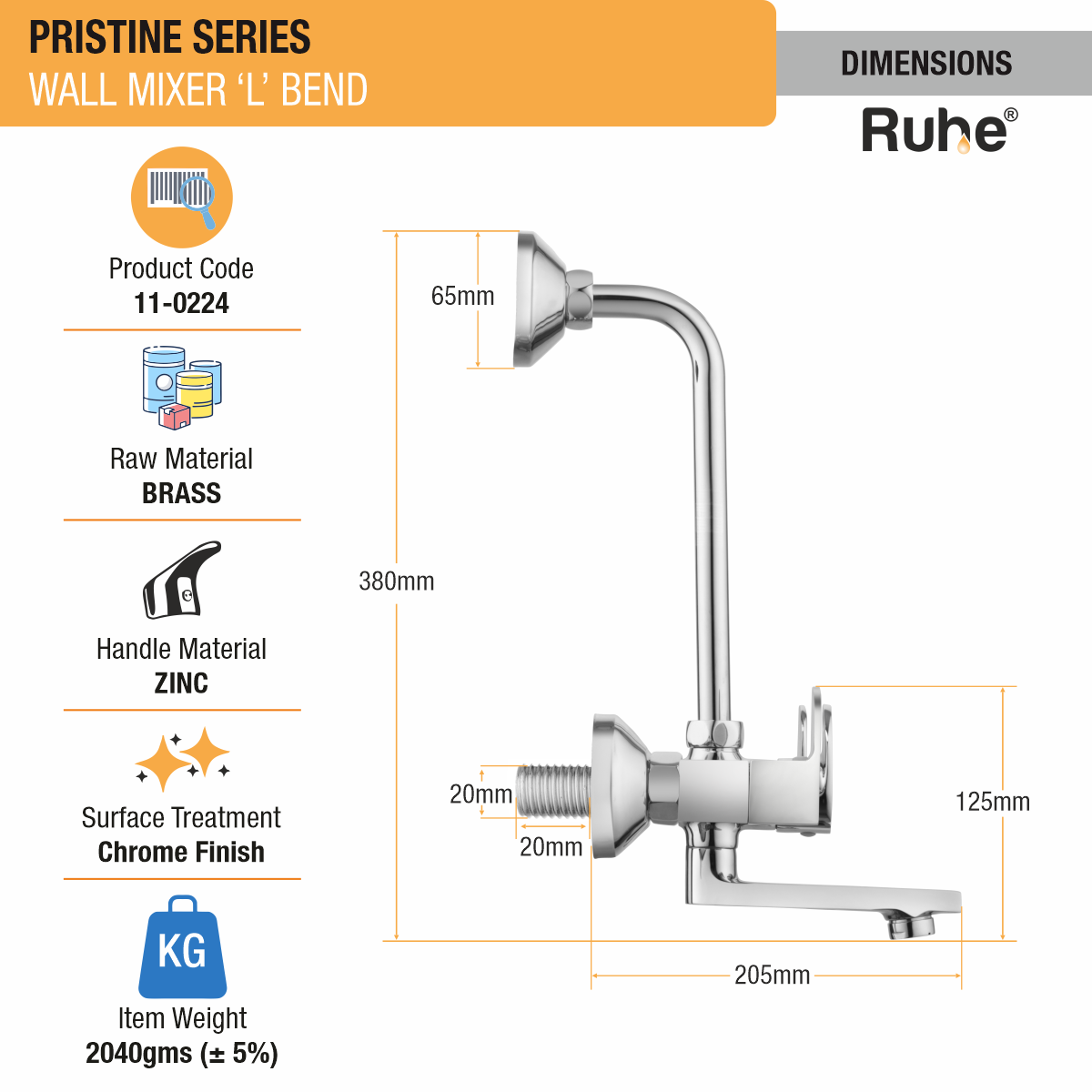 Pristine Wall Mixer Tap with L Bend Pipe - by Ruhe®