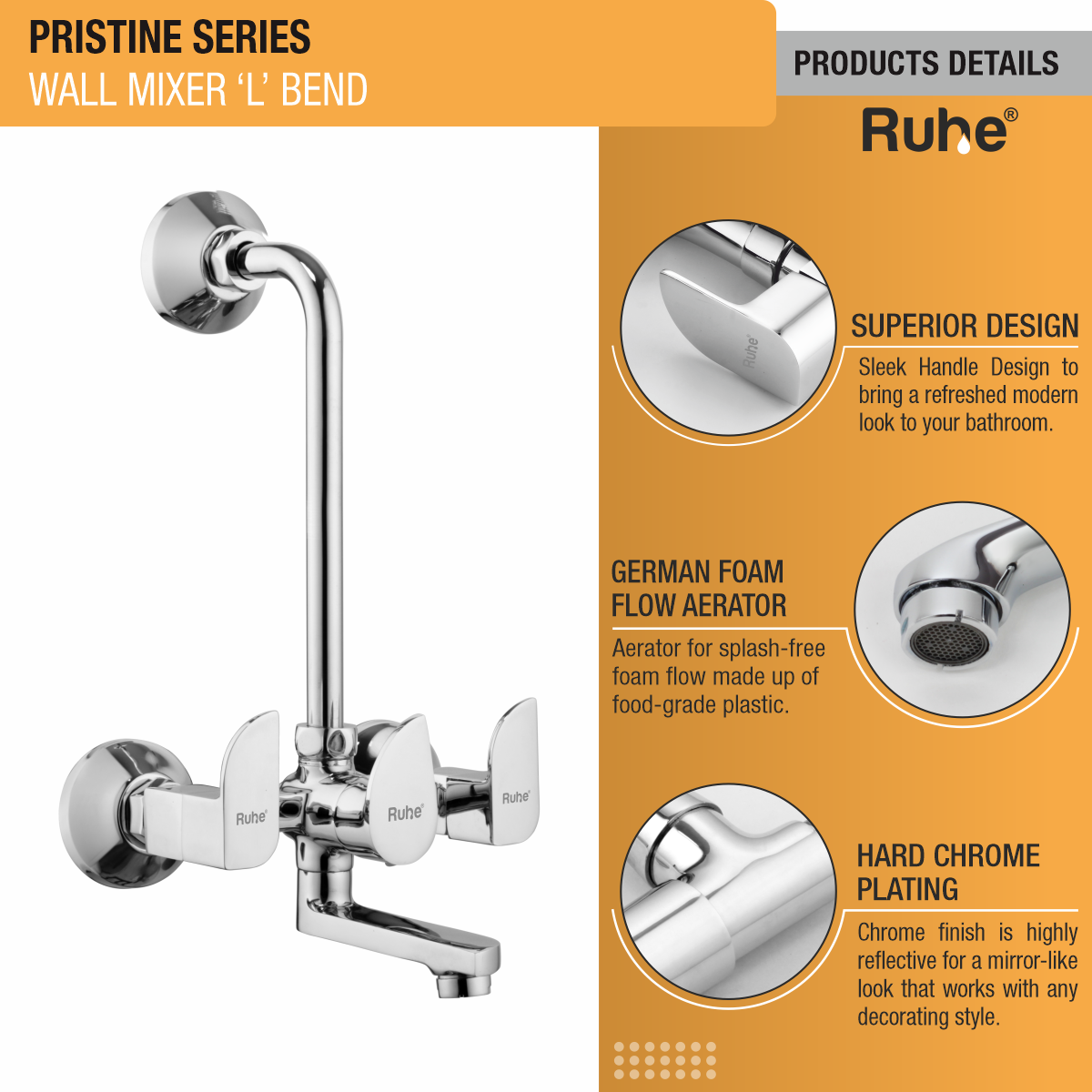 Pristine Wall Mixer Tap with L Bend Pipe - by Ruhe®