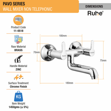 Pavo Wall Mixer Brass Faucet (Non-Telephonic) dimensions and size
