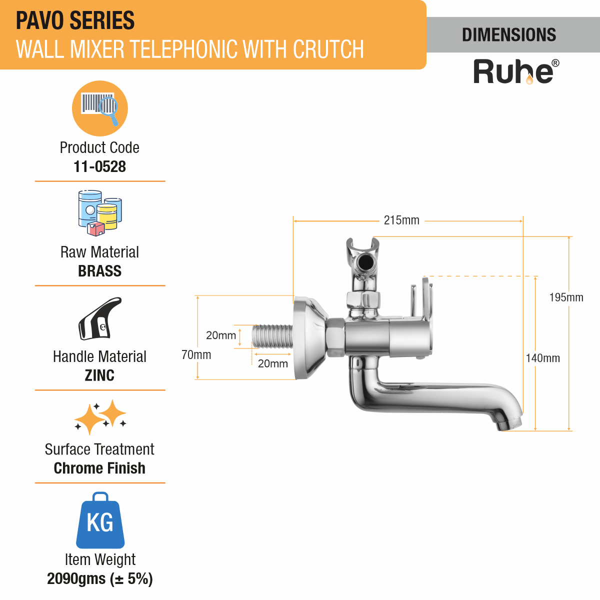 Pavo Telephonic Wall Mixer Tap with Crutch - by Ruhe®