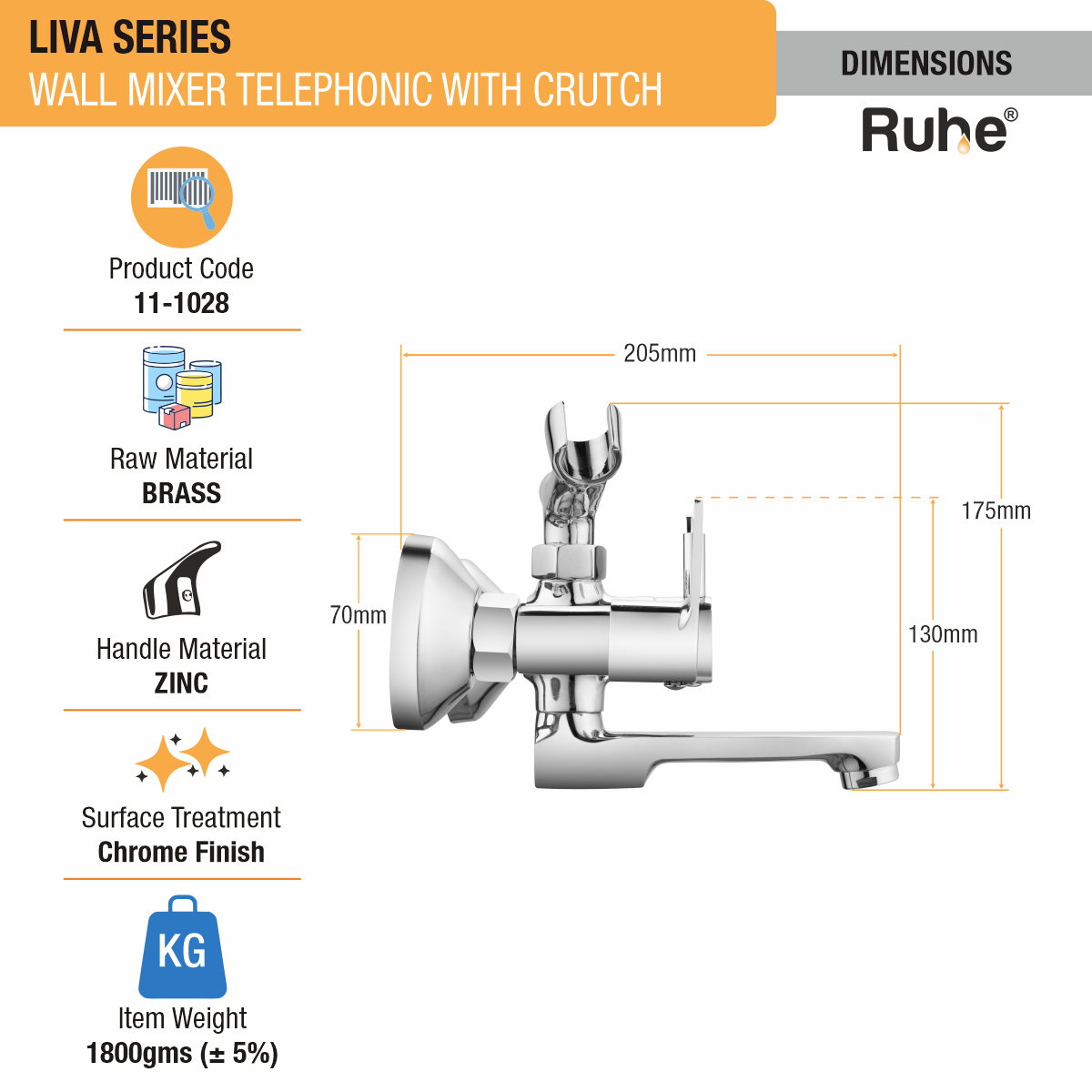 Liva Telephonic Wall Mixer Tap with Crutch - by Ruhe®