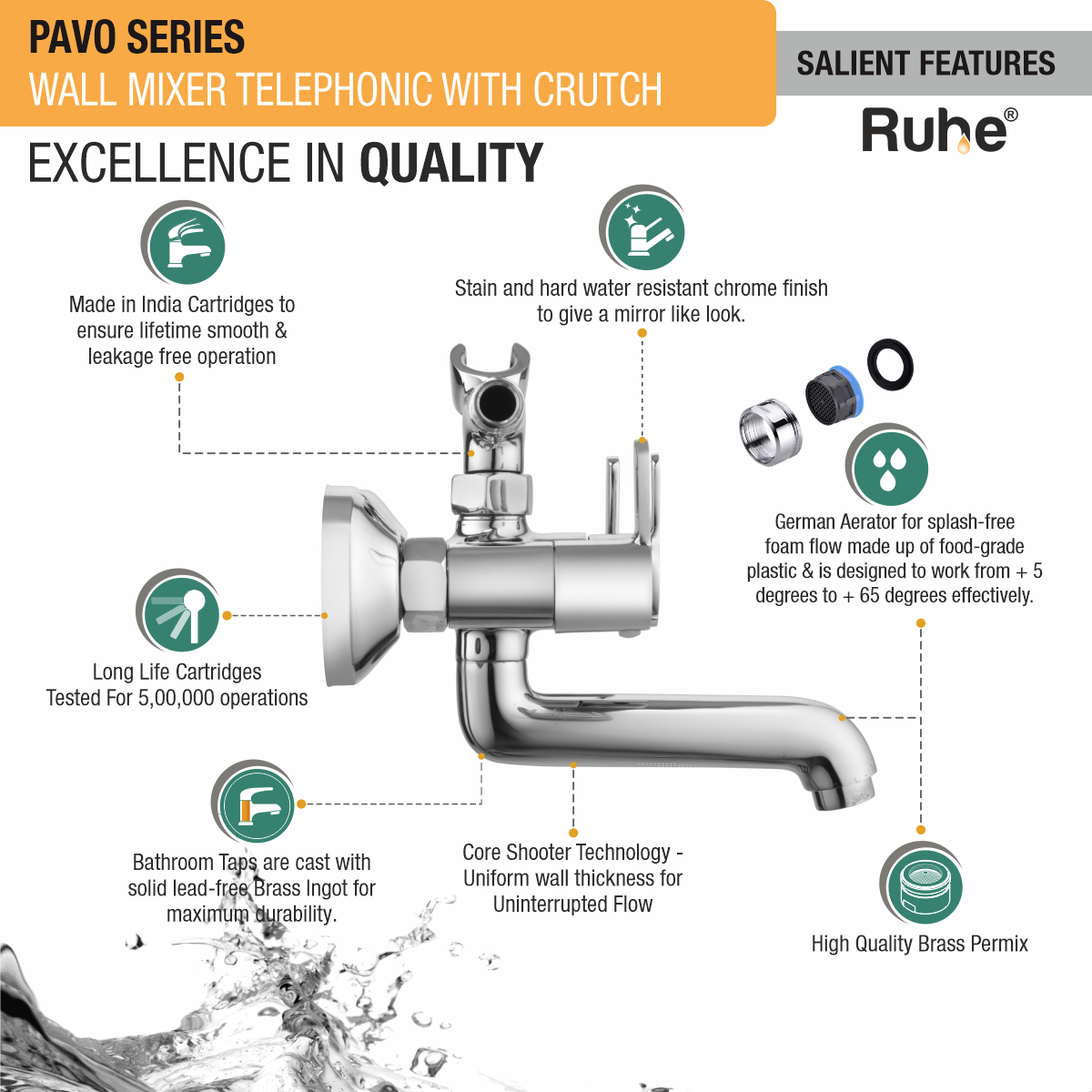 Pavo Telephonic Wall Mixer Tap with Crutch - by Ruhe®