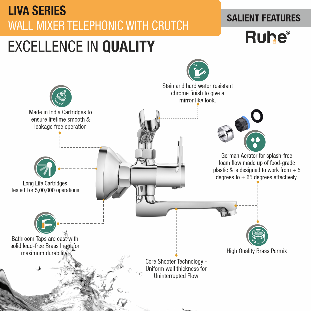 Liva Telephonic Wall Mixer Tap with Crutch - by Ruhe®